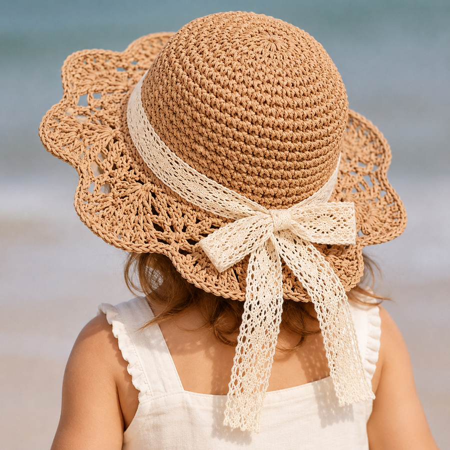 Girls Lace Bow Straw Sun Hat - Beige