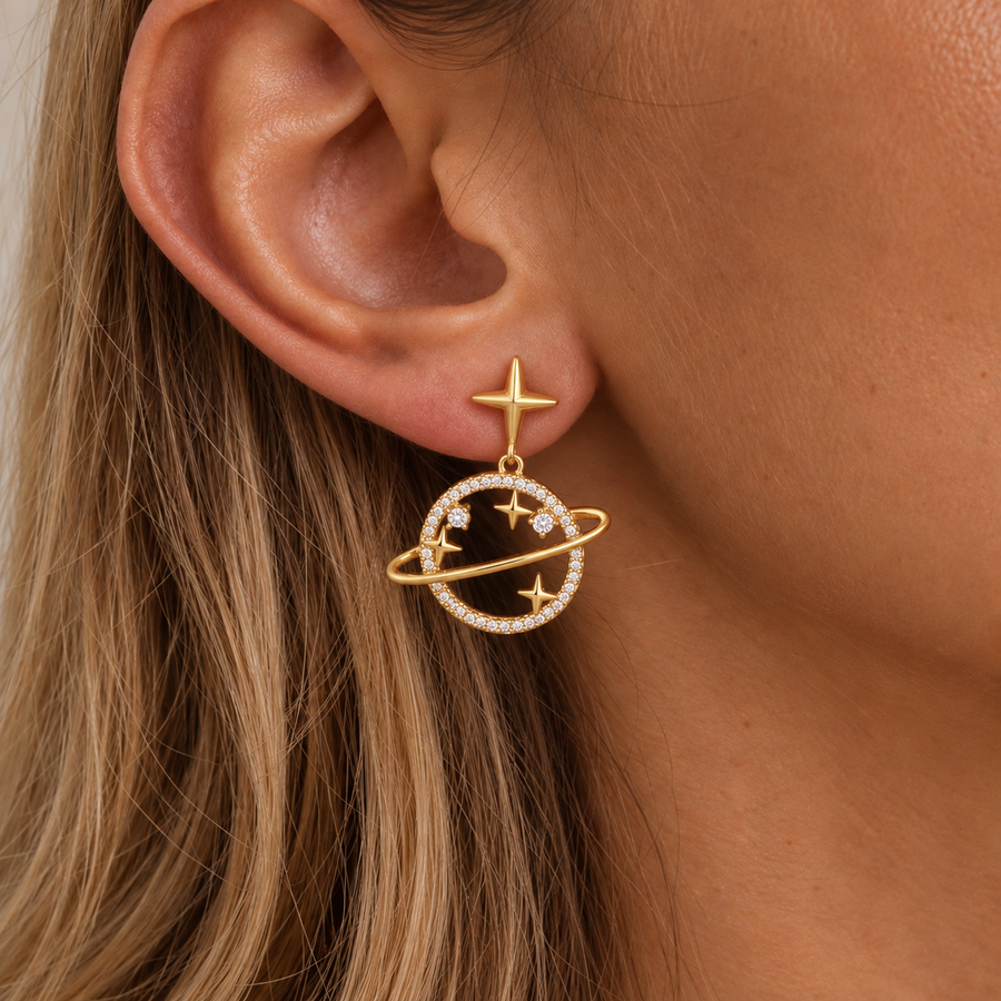 Planet Star Drop Earrings – Gold