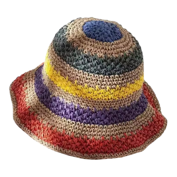 Striped Crochet Bucket Hat - Beige