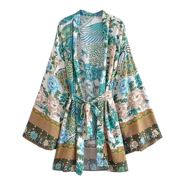 Short Bohemian Peacock Kimono - Floral Green