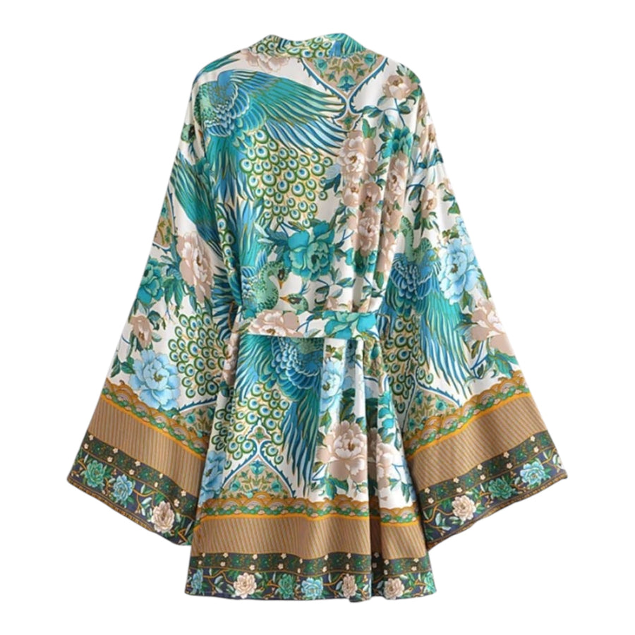 Short Bohemian Peacock Kimono - Floral Green