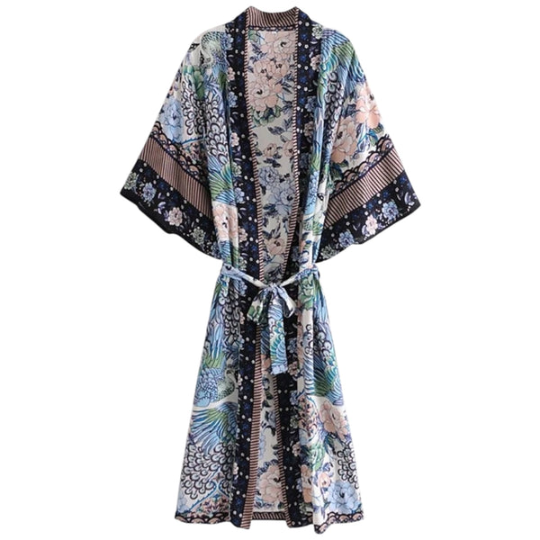 Long Bohemian Peacock Kimono - Floral Blue