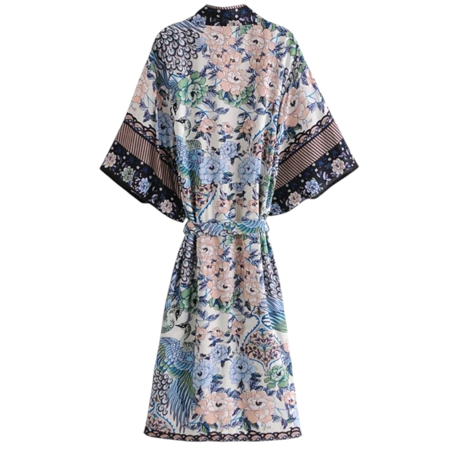 Long Bohemian Peacock Kimono - Floral Blue