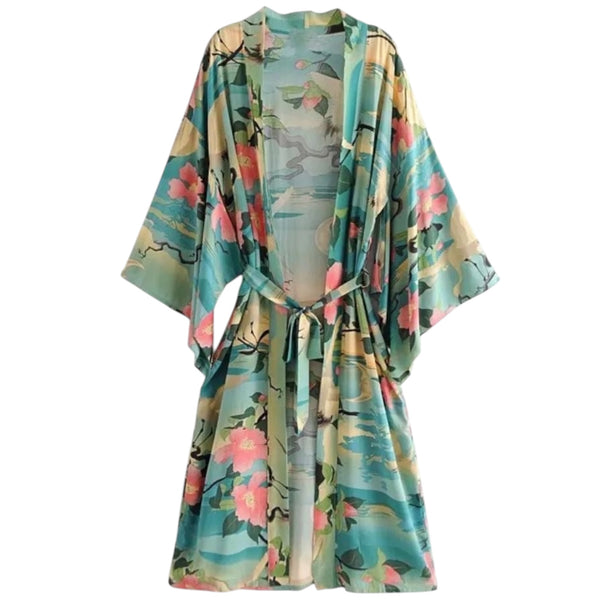 Long Bohemian Crane Kimono - Jade Green