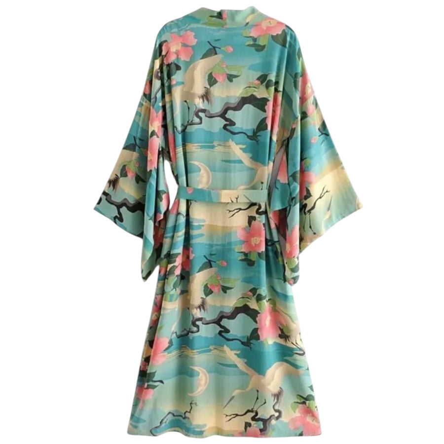 Long Bohemian Crane Kimono - Jade Green