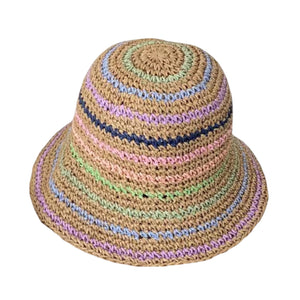 Crochet Straw Bucket Hat Khaki Multicolour Stripes