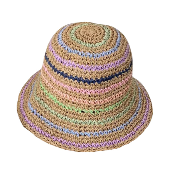 Crochet Straw Bucket Hat Khaki Multicolour Stripes