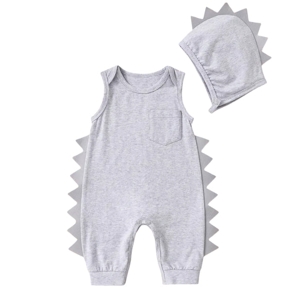 Baby Dino Jumpsuit With Hat – Soft Grey