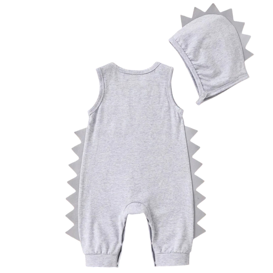 Baby Dino Jumpsuit With Hat – Soft Grey