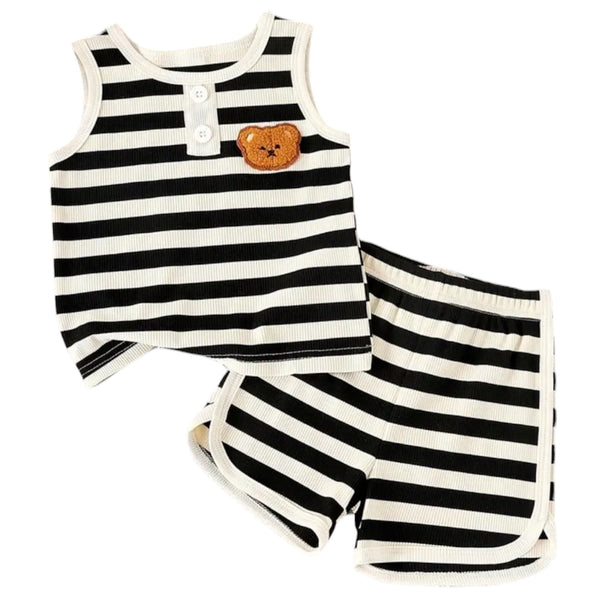 Baby Bear Striped Short Set - Black & Cream