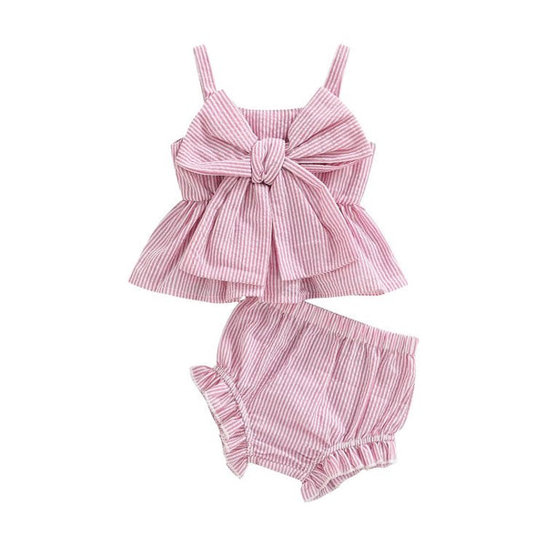 1love2hugs3kisses Baby Two Piece Set Pink Striped Bow Top + Ruffle Shorts