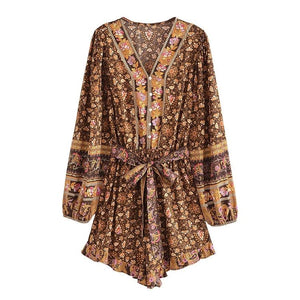 1love2hugs3kisses Long Sleeve Playsuit Brown Flowers