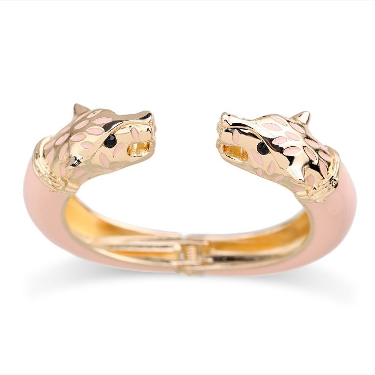 1Love 2Hugs 3Kisses Wolf Bangle Bracelet Enamel Pink