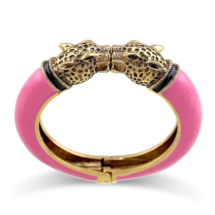 1Love 2Hugs 3Kisses Leopard Bangle Bracelet Enamel Gold-Pink