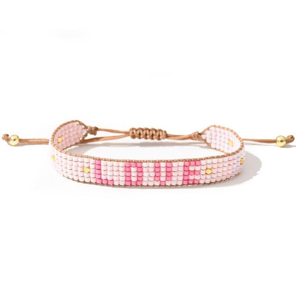 1Love 2Hugs 3Kisses Handmade Rice Bead Braided Bracelet Love Pink-Light Pink
