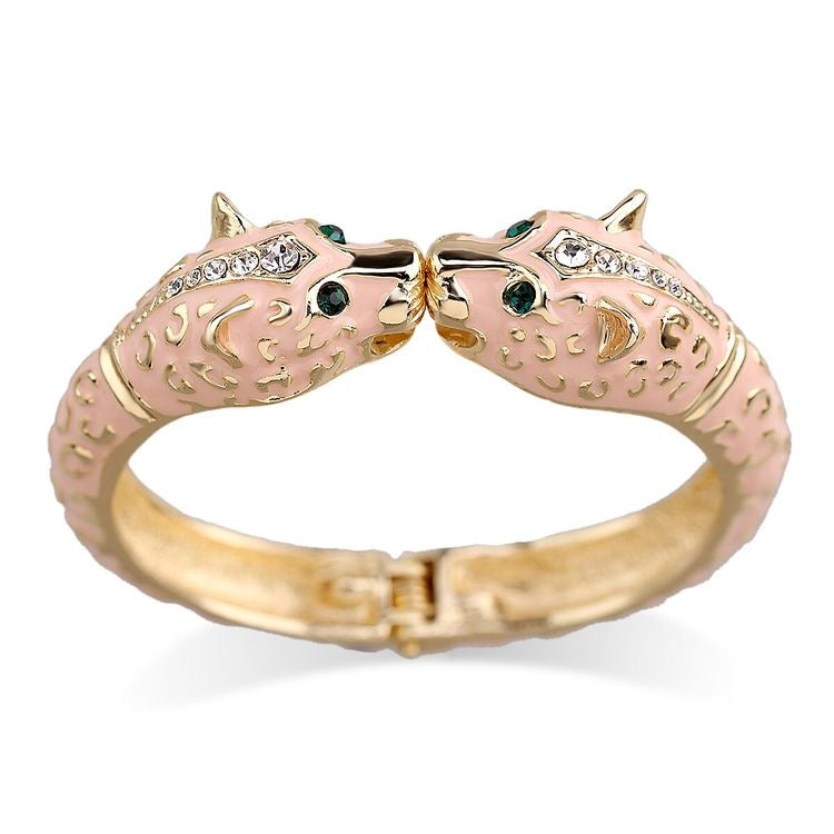 1Love 2Hugs 3Kisses Leopard Bangle Bracelet Enamel Pink
