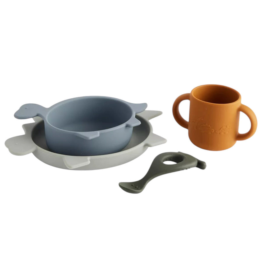 Liewood Vivi Silicone Tableware Baby Dino - Blue Multi Mix available at 1love2hugs3kisses ibiza