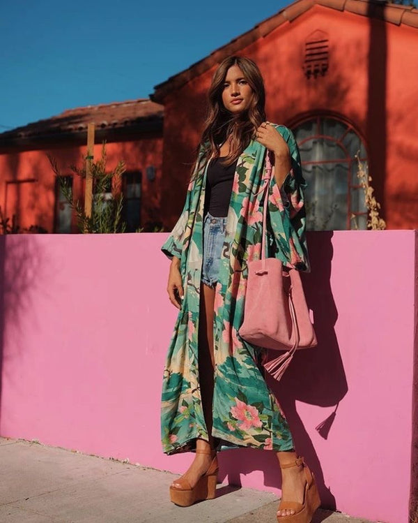 Long Bohemian Crane Kimono - Jade Green Available at 1love2hugs3kisses Ibiza