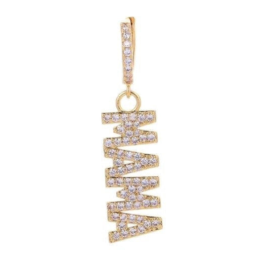 gold mama zirconia earrings with mama text

