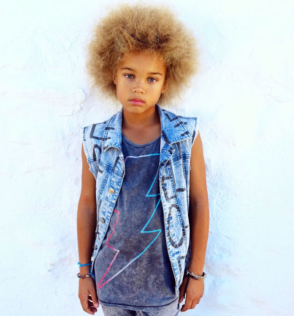 Pre-loved Minti Kids Sleeveless Denim Jacket with Hello print - Size 12 Years available at 1love2hugs3kisses ibiza
