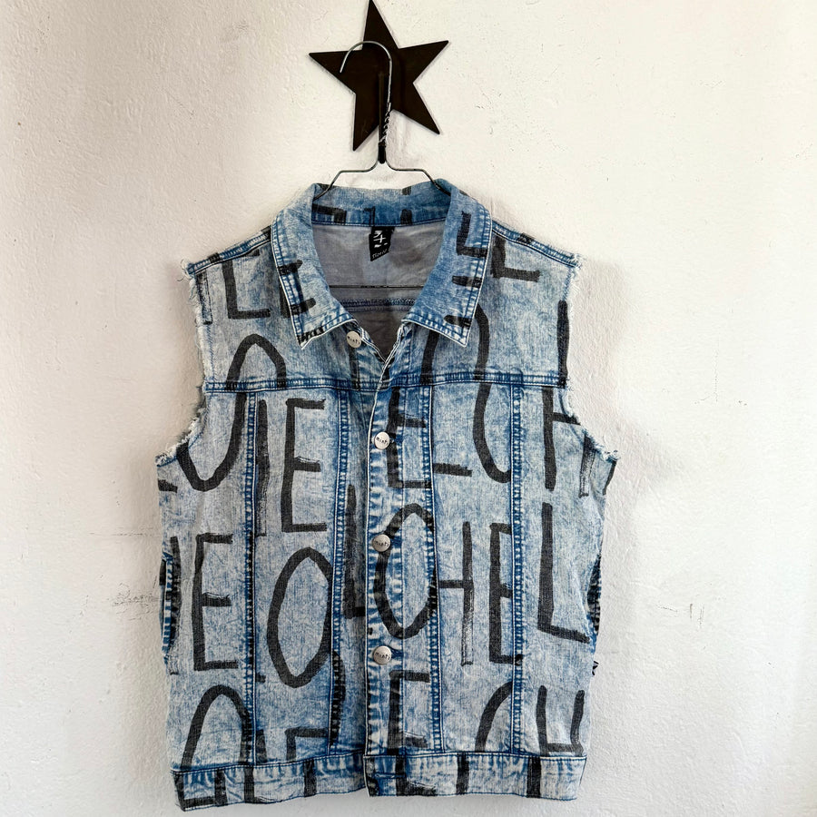 Pre-loved Minti Kids Sleeveless Denim Jacket with Hello print - Size 12 Years available at 1love2hugs3kisses ibiza
