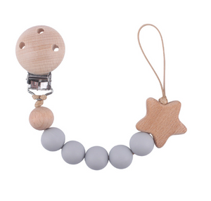 1love2hugs3kisses Baby Wooden Pacifier Clip Chain Star Grey
