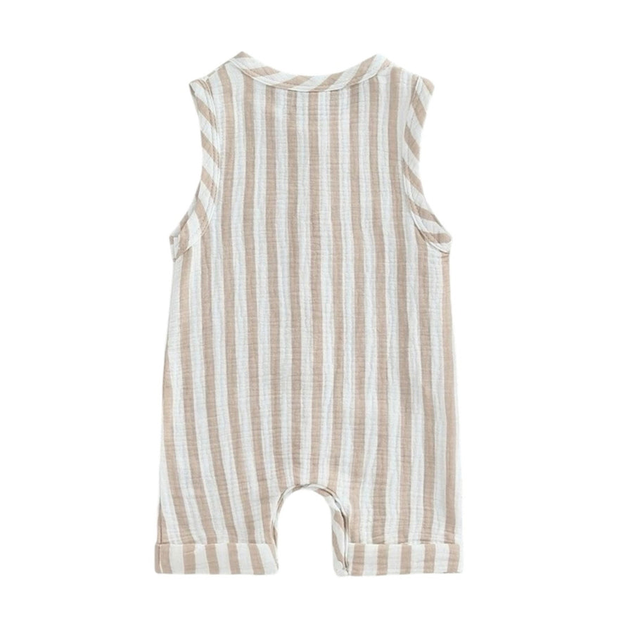 1Love 2Hugs 3Kisses Sleeveless Baby Striped Jumpsuit - Sandy Beige