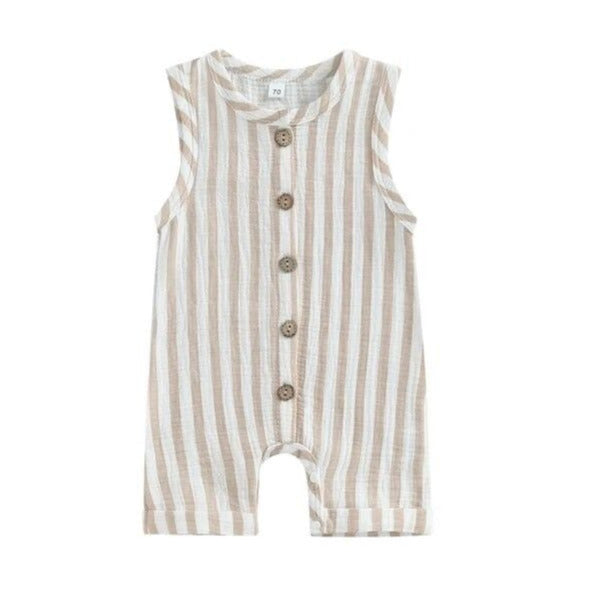 1Love 2Hugs 3Kisses Sleeveless Baby Striped Jumpsuit - Sandy Beige