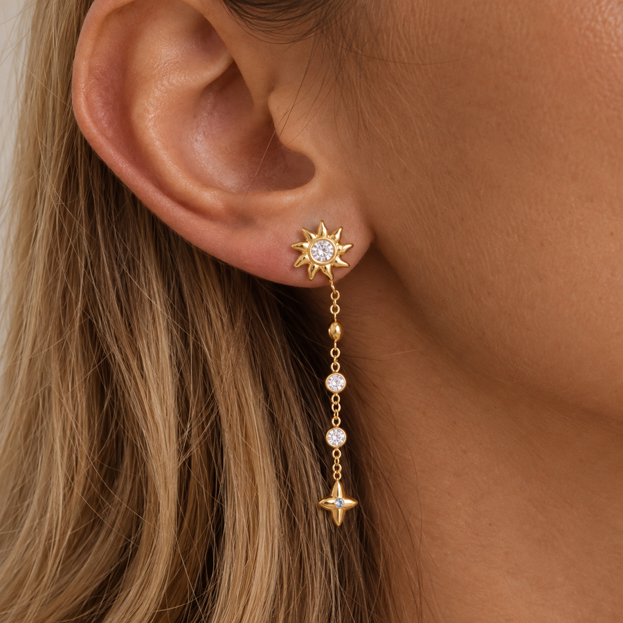 Sun & Star Chain Stud Earrings – Gold Available at 1love2hugs3kisses Ibiza