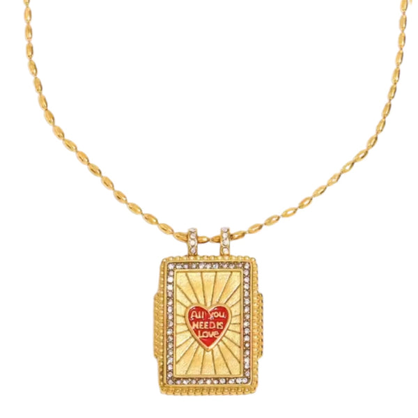 Gold ‘All You Need Is Love’ necklace with rhinestone pendant on chain