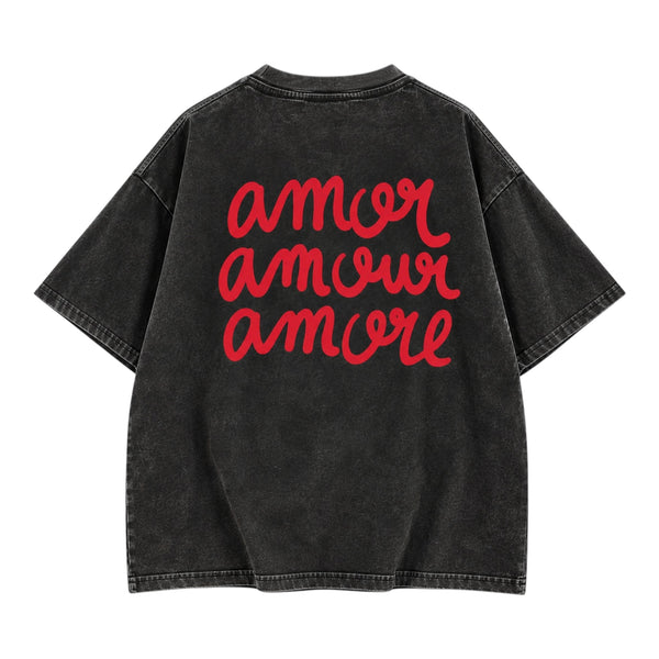 Amor Amour Amore Women’s T-Shirt – Washed Black available at 1love2hugs3kisses Ibiza