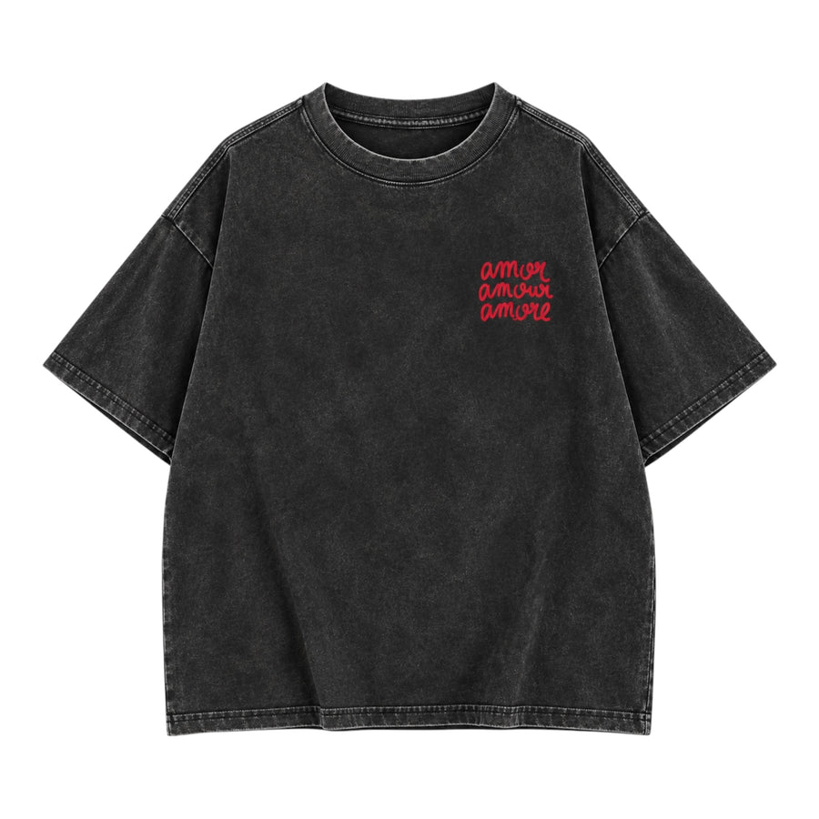 Amor Amour Amore Women’s T-Shirt – Washed Black available at 1love2hugs3kisses Ibiza