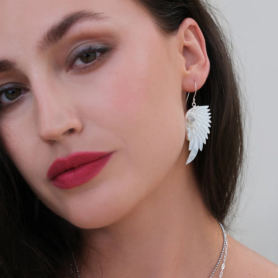ANGEL ROCKS HAND CARVED WING EARRINGS SILVER available at 1Love2Hugs3Kisses ibiza 