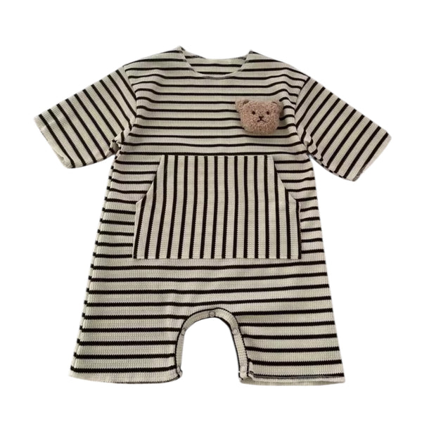 Baby Boy Striped Waffle Romper With Cartoon Bear - Black & Cream available at 1love2hugs3kisses ibiza