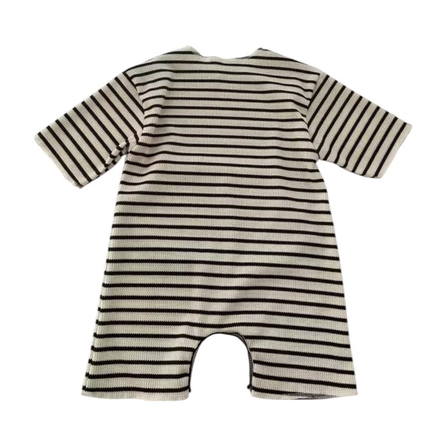 Baby Boy Striped Waffle Romper With Cartoon Bear - Black & Cream available at 1love2hugs3kisses ibiza