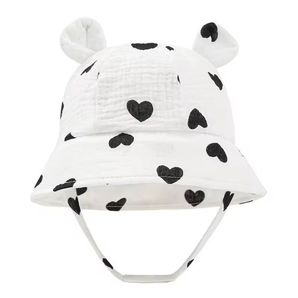 Baby Bucket Sun Hat With Ears - Black Hearts available at 1love2hugs3kisses ibiza