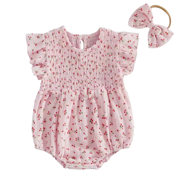 Baby Cherry Smocked Romper & Headband – Pink Available At 1love2hugs3kisses Ibiza
