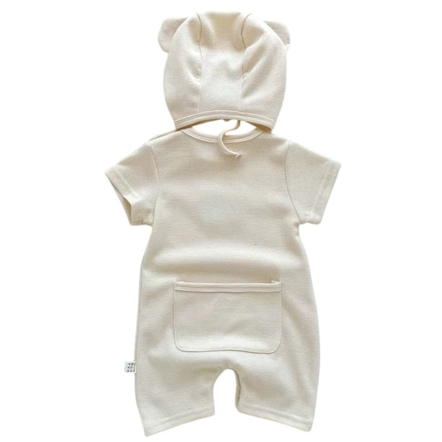 Baby Cream Waffle Short Sleeve Onesie Bear + Hat Available at 1love2hugs3kisses Ibiza