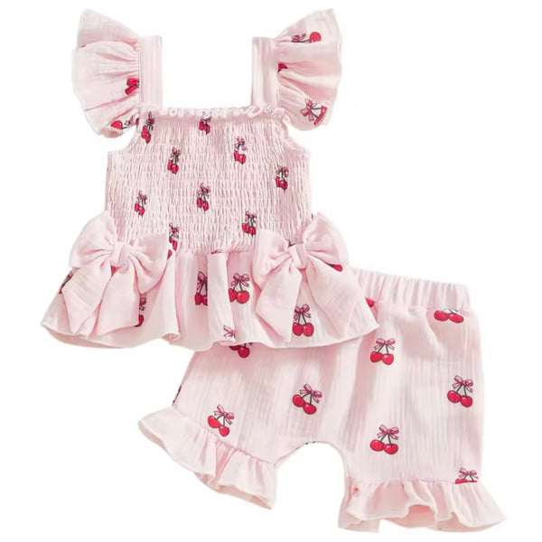 Baby Girl Cherry Bow Ruffle 2-Piece Set – Pink available at 1love2hugs3kisses ibiza