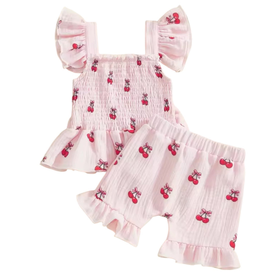 Baby Girl Cherry Bow Ruffle 2-Piece Set – Pink available at 1love2hugs3kisses ibiza
