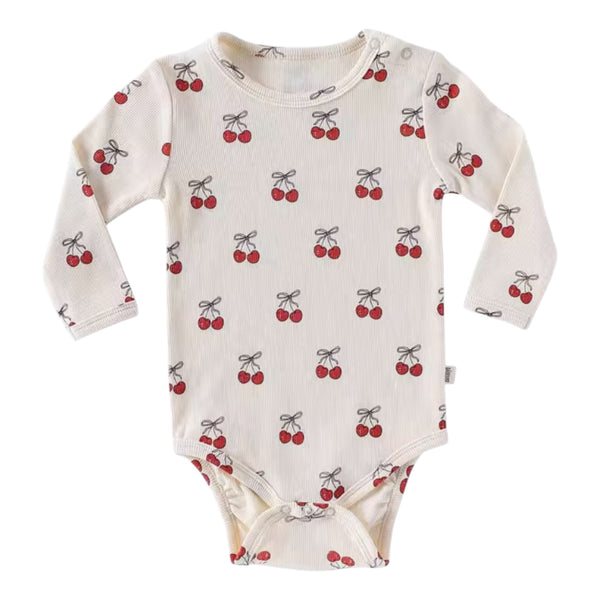 Baby Girl Cherry Long Sleeve Onesie – White & Red available at 1love2hugs3kisses ibiza
