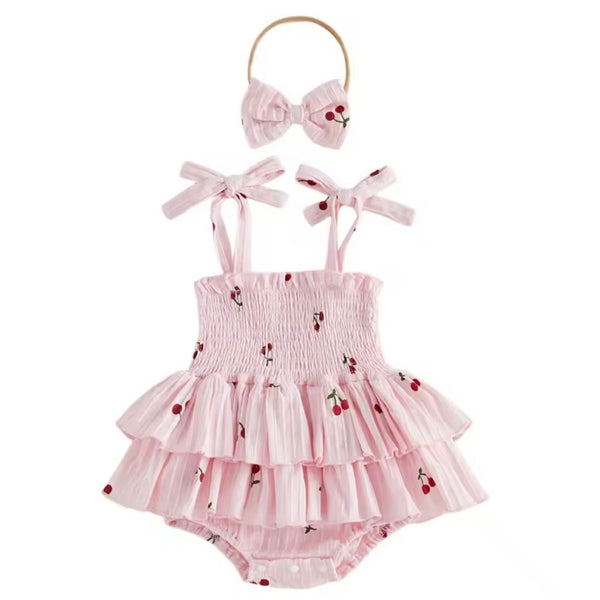 Baby Girl Cherry Smocked Romper Dress with Bow – Pink available at 1love2hugs3kisses ibiza