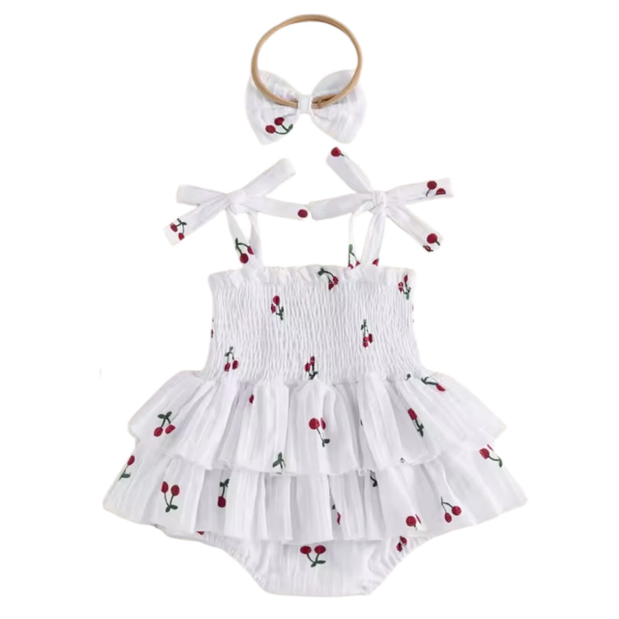 Baby Girl Cherry Smocked Romper Dress with Bow – White available at 1love2hugs3kisses