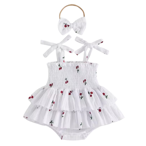 Baby Girl Cherry Smocked Romper Dress with Bow – White available at 1love2hugs3kisses