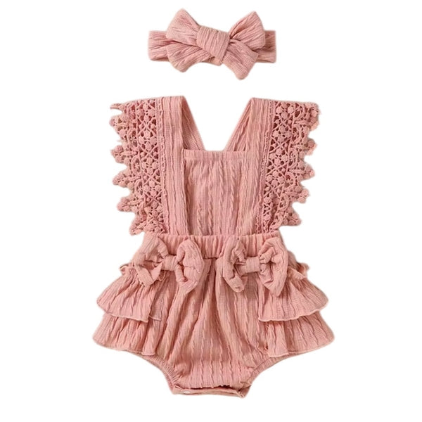 Baby Girl Crochet Ruffle Romper – Blush Pink (with Headband) available at 1love2hugs3kisses ibiza