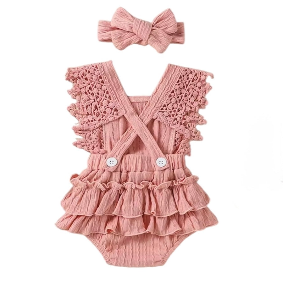 Baby Girl Crochet Ruffle Romper – Blush Pink (with Headband) available at 1love2hugs3kisses ibiza