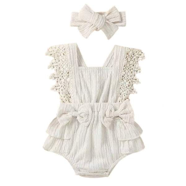 Baby Girl Crochet Ruffle Romper – White (with Headband) available at 1love2hugs3kisses ibiza