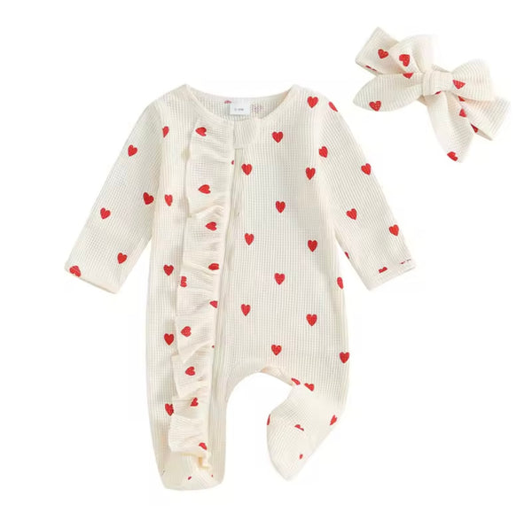 Baby girl long sleeve ruffle onesie with matching headband in white red hearts – cute baby outfit available at 1Love 2Hugs 3Kisses Ibiza.