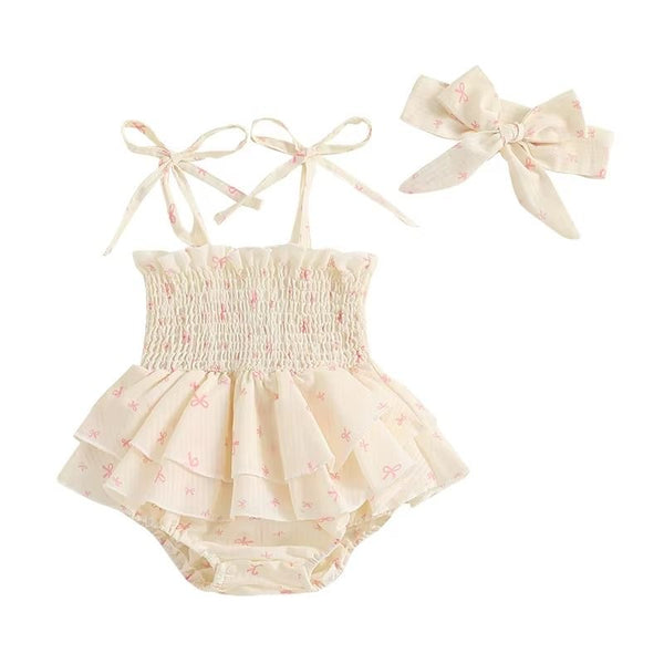 Baby Girl Onesie Pink Bows Ruffle White + Bow available at 1love2hugs3kisses ibiza