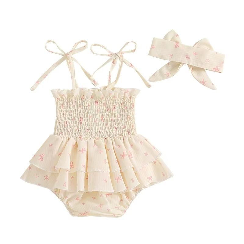 Baby Girl Onesie Pink Bows Ruffle White + Bow available at 1love2hugs3kisses ibiza